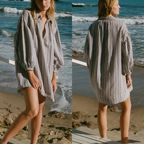 Doen  Marne Blue Villandry Striped Khadi Silk Voile Short Mini Dress Medium - Picture 8 of 12